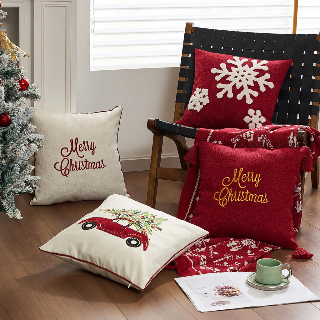 Embroidered Merry Christmas Holiday Red Throw Pillow Case Cover Decorative Sofa Cushion Covers for Home Xmas Party Decor