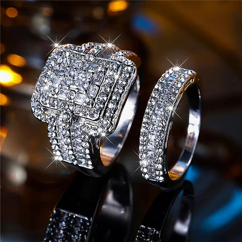 Jianjie 2pcs/set Light Luxury Couple's Full Paved Brilliant Square Zircon Shining Rings Wedding Dazzling Accessories Trend