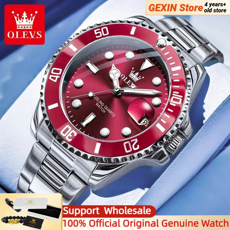 OLEVS 5885 Luxury Men Watch Diving Series Deep Waterproof Auto Date Stainless Steel NEW Red Dial Original Wristwatch