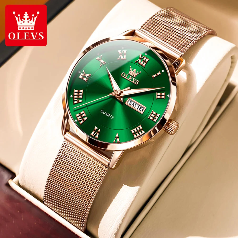 OLEVS 2920 Women's Watch Fashion Original Date Week Display Mesh Strap Roman Dial Luminous Ladies Quartz Wristwatch