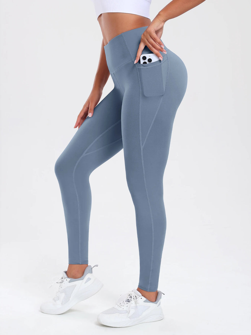  Women Leggings With Pockets Solid Color High Waist Butt Lifting Workout Tights Slim Elastic Pants Casual SportWear