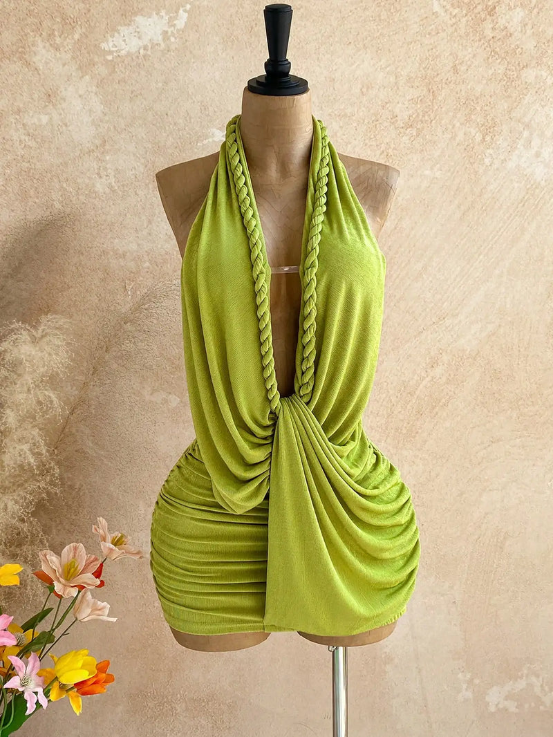 Women Solid Color Backless Halter Mini Dress For Vacation Beach Summer