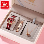 OLEVS Fashion Women Mechanical Watches Bracelets and Necklaces Set Leather Strap Luxury Hollow Ladies WristWatches Reloj Mujer