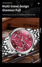 OLEVS Brand Fashion Red Watch For Men Luxury Sport Waterproof Stainless Steel Chronograph Quartz Watches Mens Relogio Masculino