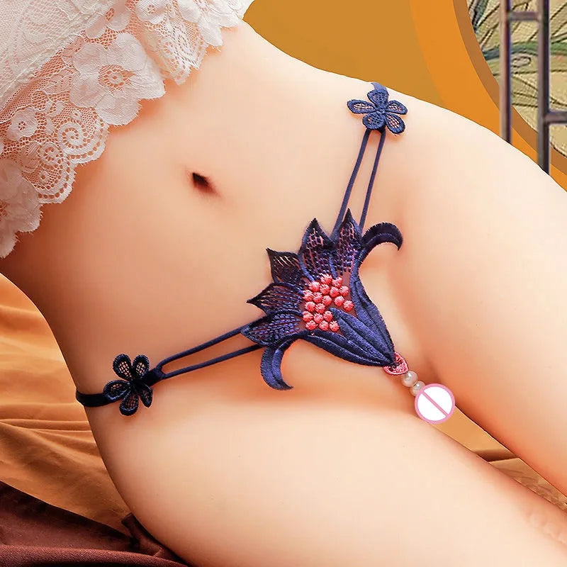 Sexy Woman Underwear G String Thongs Transparent Lingerie Floral Femme Tangas Women's Panties Pearls Crotch Low-rise Brief
