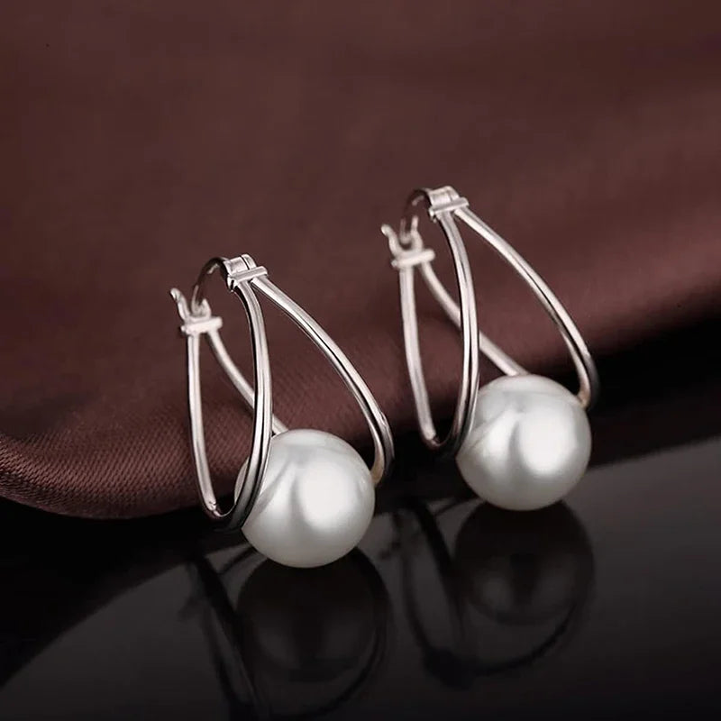 CAOSHI Simple Elegant Hoop Earrings with Simulated Pearl Female Graceful Jewelry for Engagement Daily Party Accessories Gift