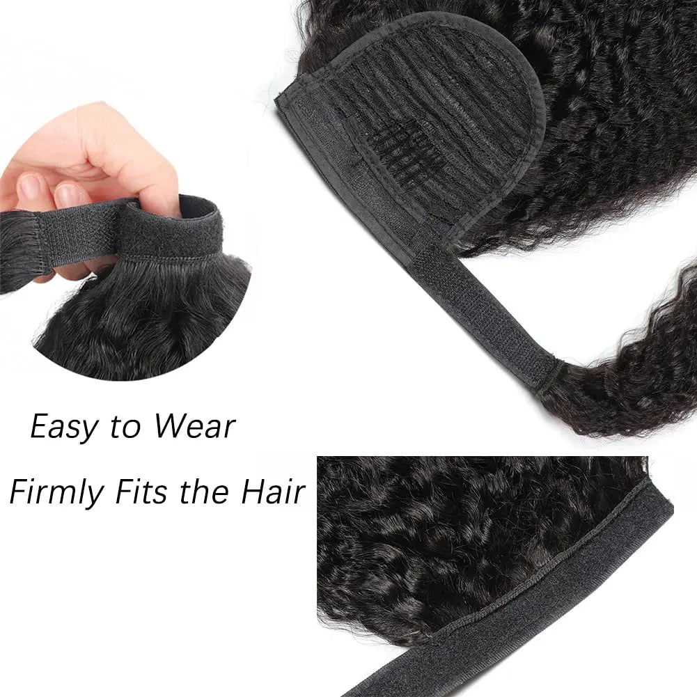 Kinky Straight Ponytail Human Hair Extension 100g Wrap Around Clip In Ponytail Natural Black #1B Remy Indian 10-26inch For Women