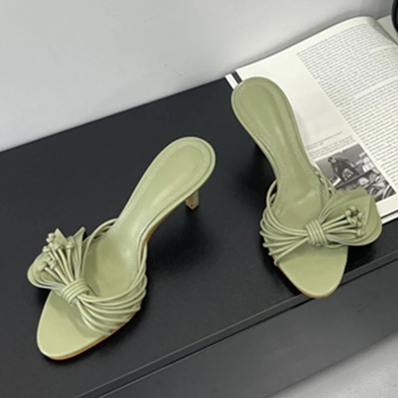 Liyke Designer Women Green Leaf Narrow Band Summer Slipper Sandal Street Fashion Open Toe Mules Thin Low Heels Party Dress Shoes