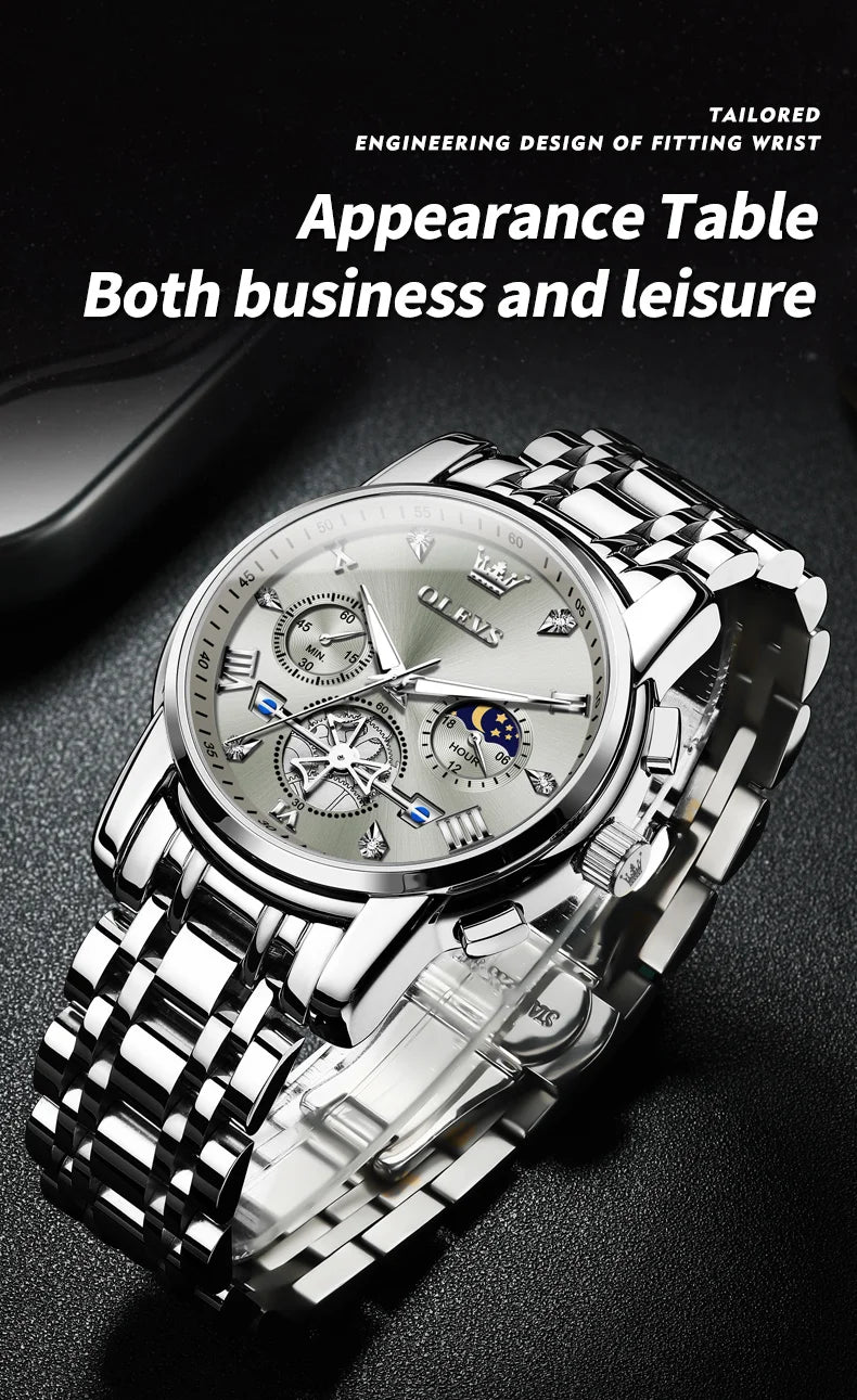 OLEVS Men's Watches Classic Multifunctional Flywheel Design Stainless steel Waterproof Moon Phase Men's Wristwatches 2024 Trend