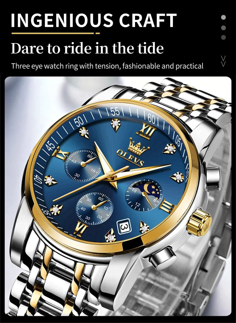 OLEVS 2858 Men's Watches Stainless Steel Waterproof Anti-Scratch Moon Phase Luminous Chronograph Luxury Quartz Men's Wristwatch