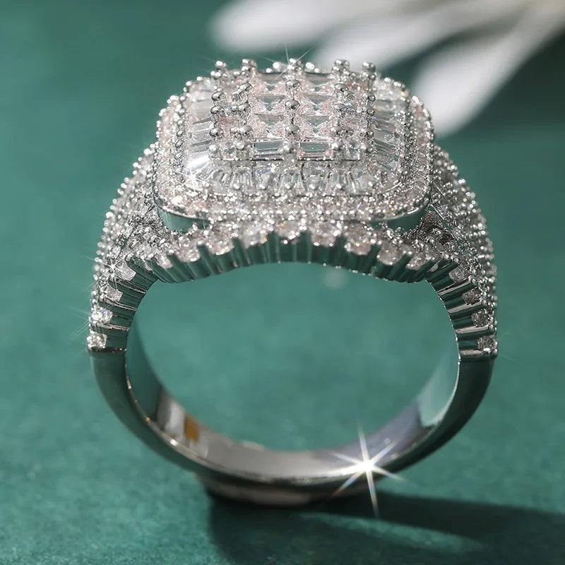 Fashion Geometry Silvery Plated Ring Women Classic Inlaid Full Synthetic Zirconia Wedding Banquet Engagement Jewelry Accessories