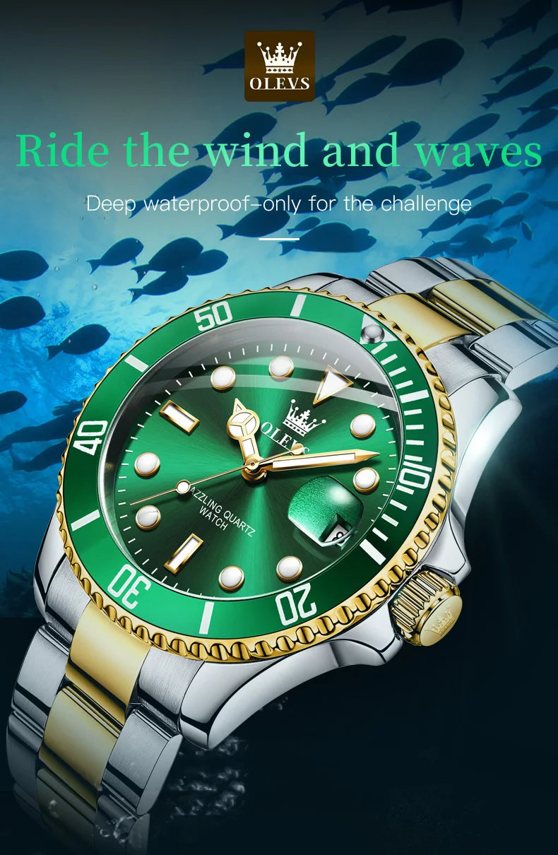 OLEVS 5885 Mens Watch Auto Date Stainless Steel Strap Diving Series Waterproof Men's Sports Watch