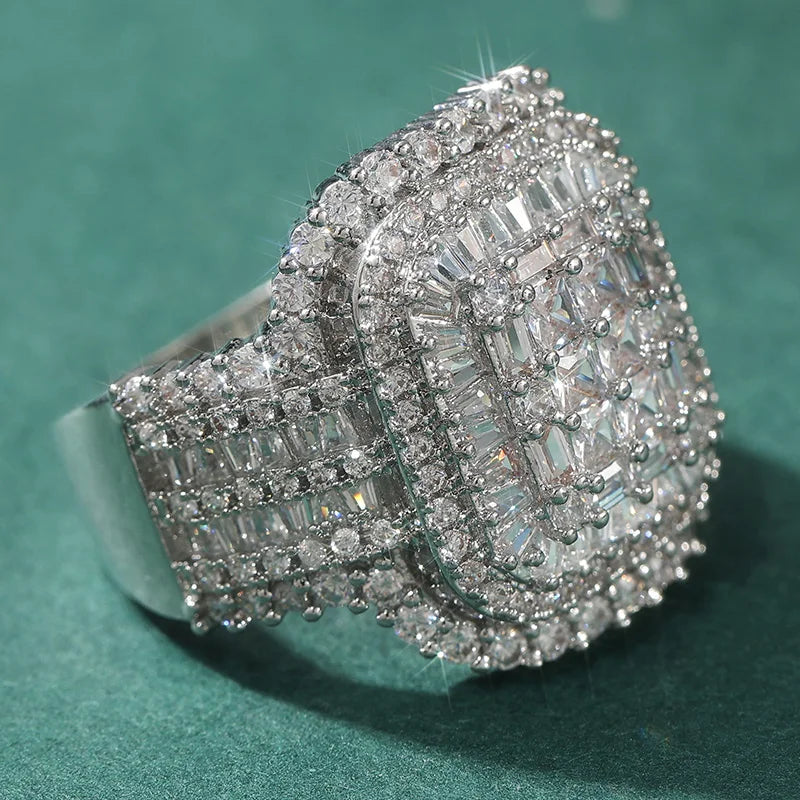 Elegant Wide Band Ring Inlay Sparkling Cubic Zirconia Luxurious Square Ring Women's Gorgeous Jewelry Accessory