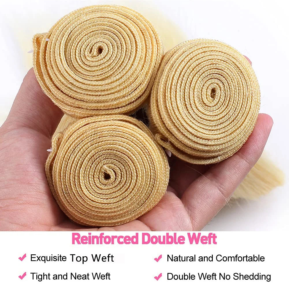 613 Straight Human Hair Bundles 12A Unprocessed 16 18 20 Inch Blonde Human Hair Straight Weave Bundles Deal 613 Straight Double Strong Weft Extension 613 Human Hair 1/3/4 Bundles for Black Women