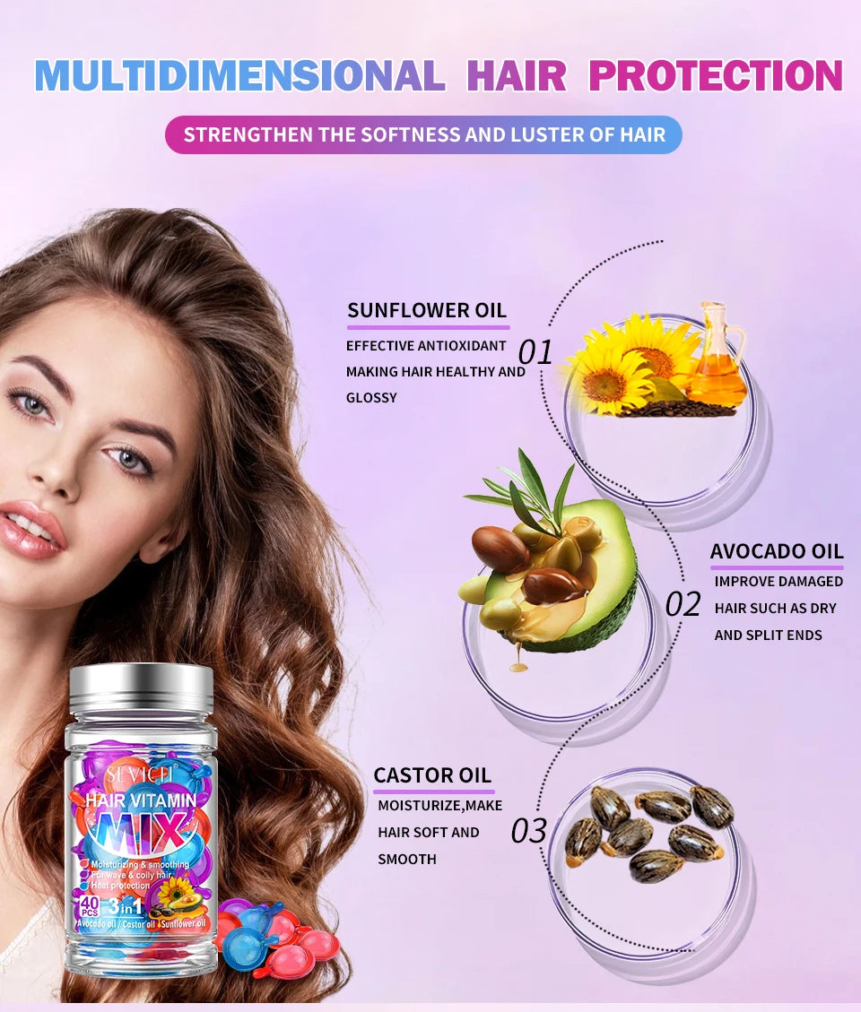 40pcs Mix Hair Vitamin Capsules Repairing Maltreated Frizzy Hair Silky Moisturizing Hair Oil Smoothing Nourishing Hair Care