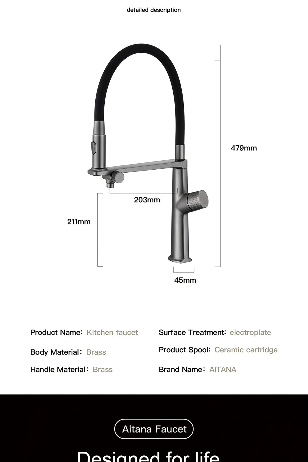 Luxury Gun Gray Brass Kitchen Faucet 1 Hole Double Handle Cold and Hot Dual Control, with Filtered Water Two Function Sink Tap