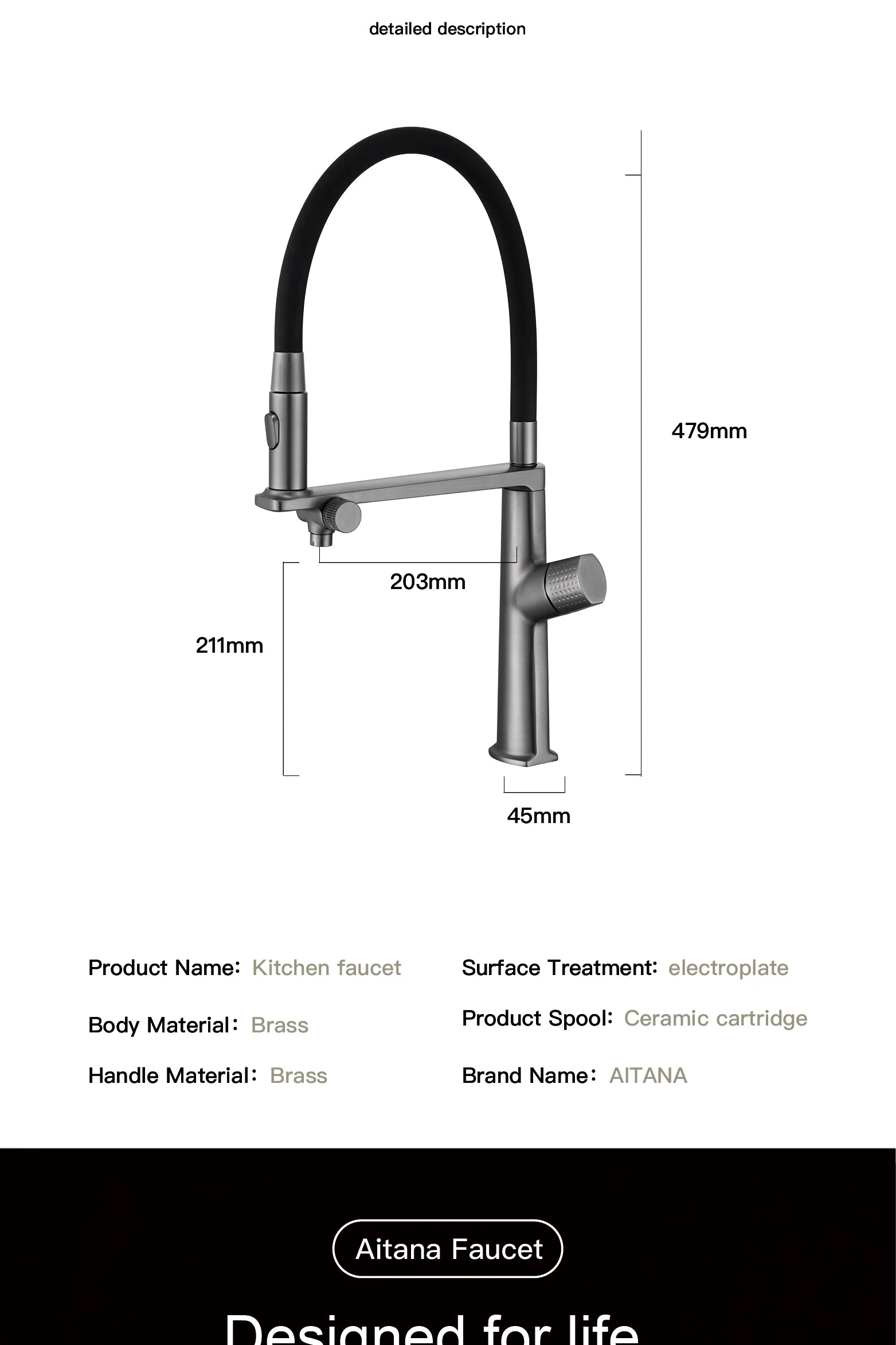 Luxury Gun Gray Brass Kitchen Faucet 1 Hole Double Handle Cold and Hot Dual Control, with Filtered Water Two Function Sink Tap