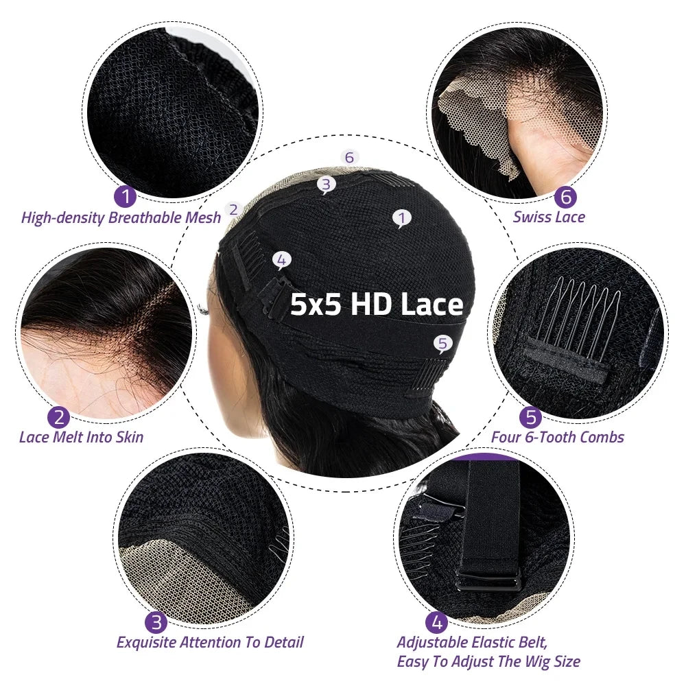 Body Wave 13x6 HD Transparent Lace Front Human Hair Wig 40 Inch Pre Plucked 220 Density 5x5 Glueless Lace Frontal Wigs for Women