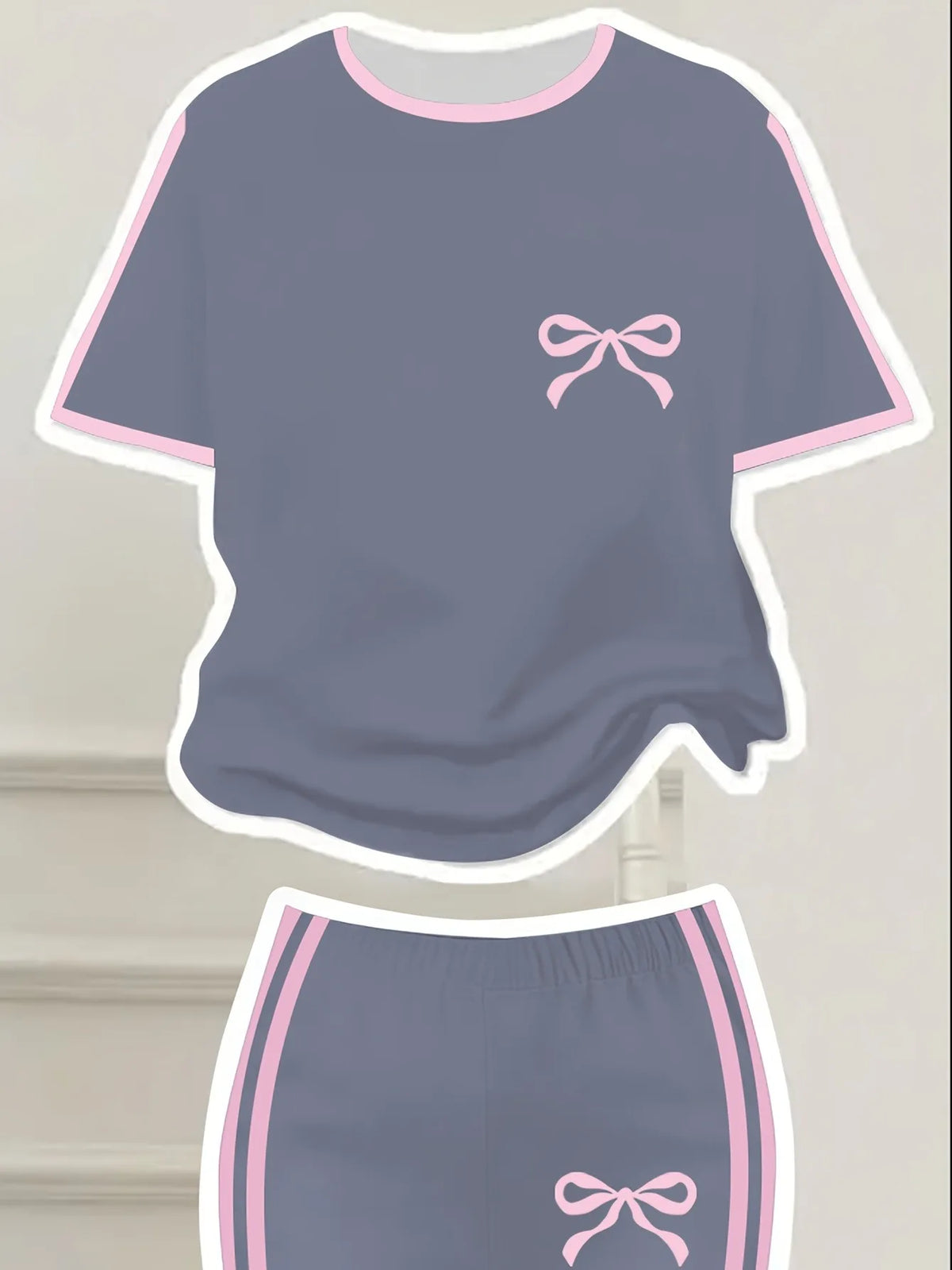 Trendy Girls 2Pcs Sweet Co-Ord Outfit, Grey Pink Ribbon Embroidery Short Sleeve Top, Dual Side Strip Flared Trousers for Daily K