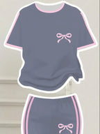 Trendy Girls 2Pcs Sweet Co-Ord Outfit, Grey Pink Ribbon Embroidery Short Sleeve Top, Dual Side Strip Flared Trousers for Daily K