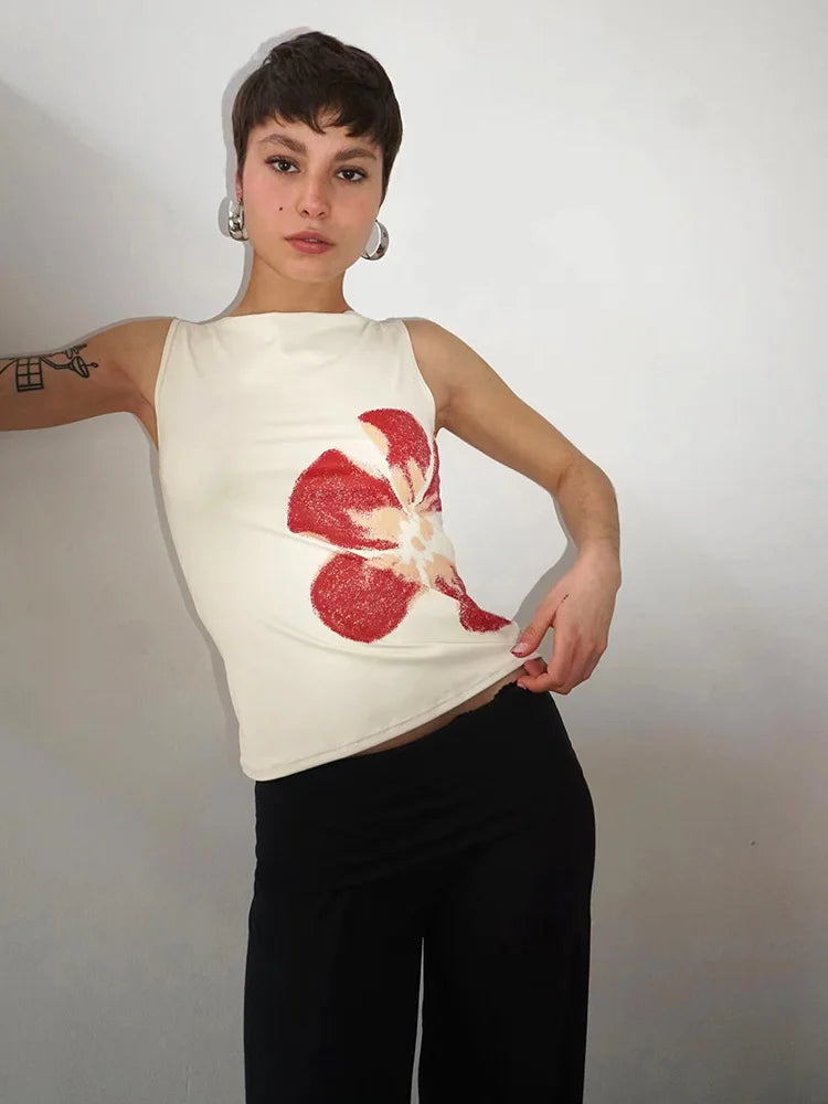 2025 New Fashion Women's Crop Tank Tops Fitted Flower Print Boat Neck Sleeveless Summer Tops for Party Club