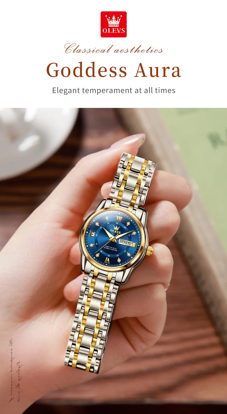 OLEVS 5513 Women's Watches Diamond Dial Dual Calendar Display Stainless steel Ladies Watch