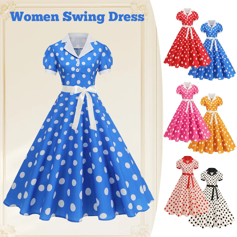 Polka Dot 50s 60s Vintage Dress Women Elegant Belted Robe Women Retro Rockabilly Prom Wedding Party Princess Dress