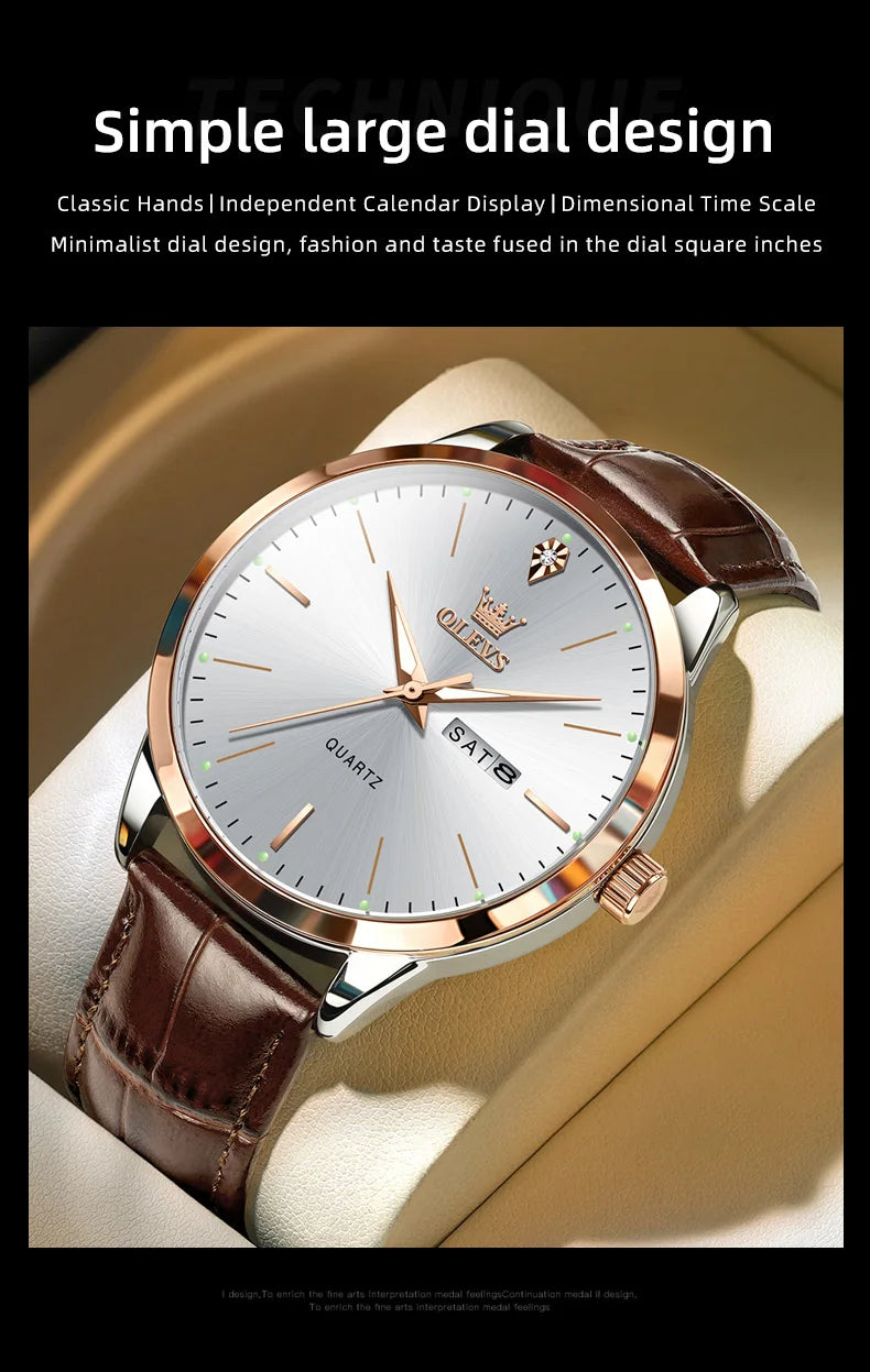 OLEVS 2935 Business Men's Watch Luxury Leisure Dual Calendar Waterproof Luminous Large Dial Watch Top Brand Men Quartz Watch