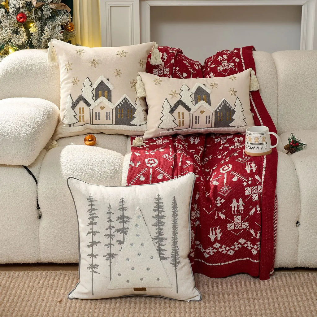 Embroidered Merry Christmas Holiday Red Throw Pillow Case Cover Decorative Sofa Cushion Covers for Home Xmas Party Decor