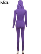 kliou Casual Women 2 Piece Set Classic Tracksuits Solid Long Sleeve Zip-up Hood Tops+Slim Elastic Pants Sporty Concise Outfits
