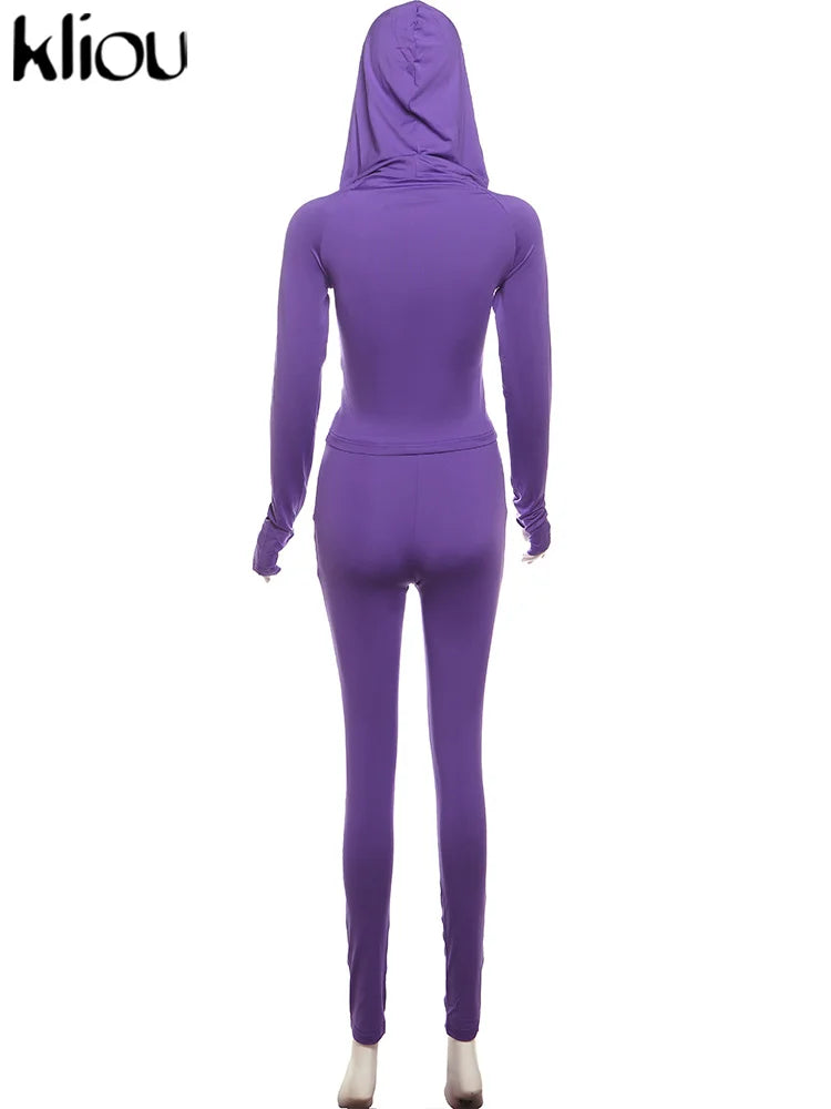 kliou Casual Women 2 Piece Set Classic Tracksuits Solid Long Sleeve Zip-up Hood Tops+Slim Elastic Pants Sporty Concise Outfits