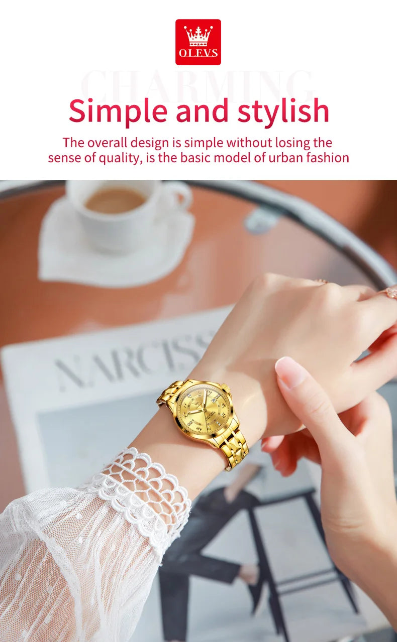 OLEVS 2910 Gold Luxury Brand Women's Watches Waterproof Luminous Wristwatch Date Original Certified Brand Quartz Watch for Lady