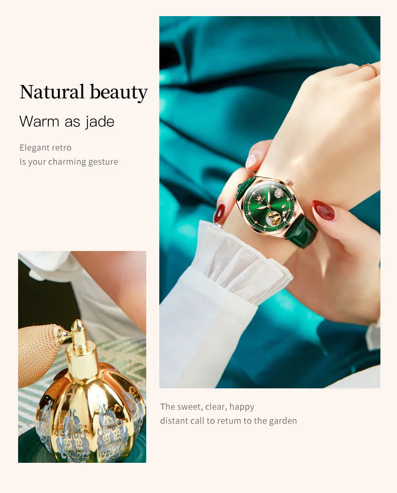OLEVS Fashion Women Mechanical Watches Bracelets and Necklaces Set Leather Strap Luxury Hollow Ladies WristWatches Reloj Mujer