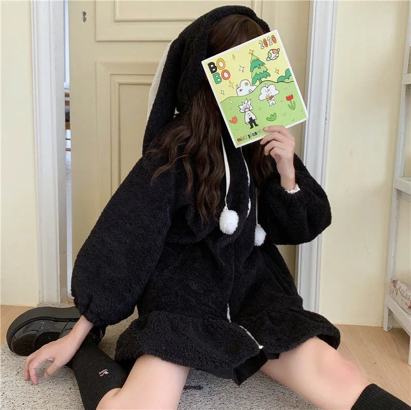 Kawaii Hoodies Women Lolita Winter Warm Lambswool Oversized Sweatshirt Cute Bunny Ears Long Sleeve Zip Up Hooded Fleece Jacket
