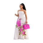 Women Tube Strapless Waist Flowy Maxi Dress With Floral Print For Wedding Guest Resort And Vacation Occasion