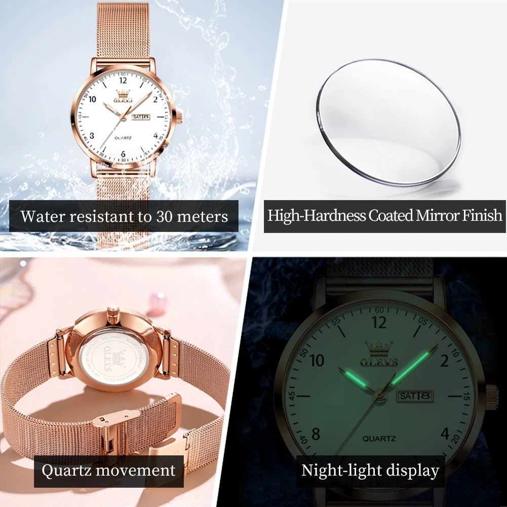 OLEVS Brand Original Fashion Slim Quartz Watch Women Elegant Watches Stainless Steel Waterproof Week Date Watches For Woman