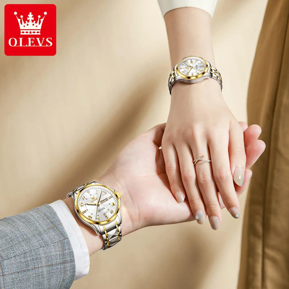 OLEVS Luxury Brand Couple Watch Classics Dual Calendar Wristwatch for Men and Women Waterproof Lover's Watch Set Gift Box