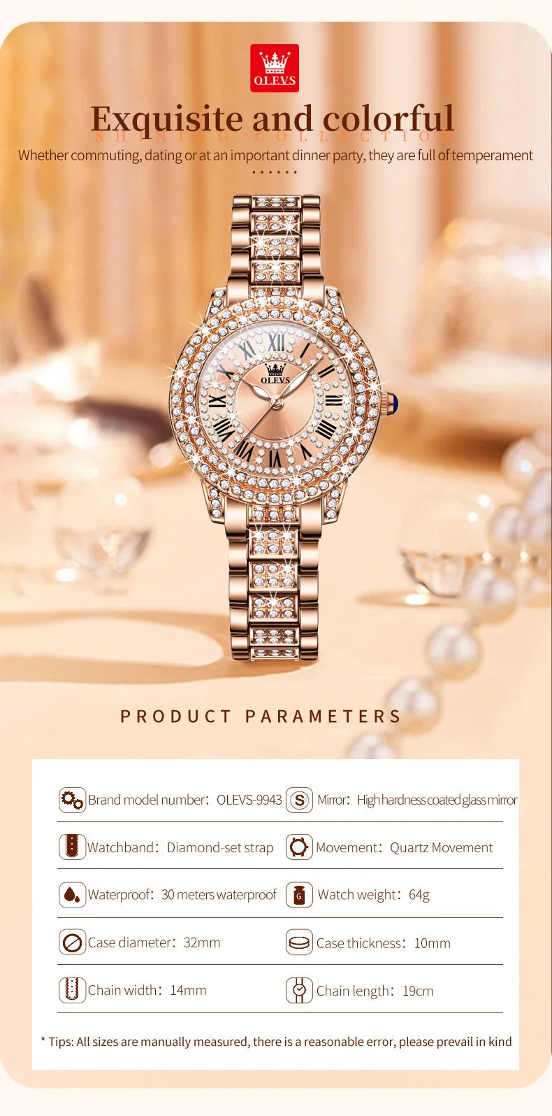 OLEVS 9943 Rose Gold Ladies Watch Stainless Steel Waterproof Full Diamond Quartz Watch for Women Set Gift