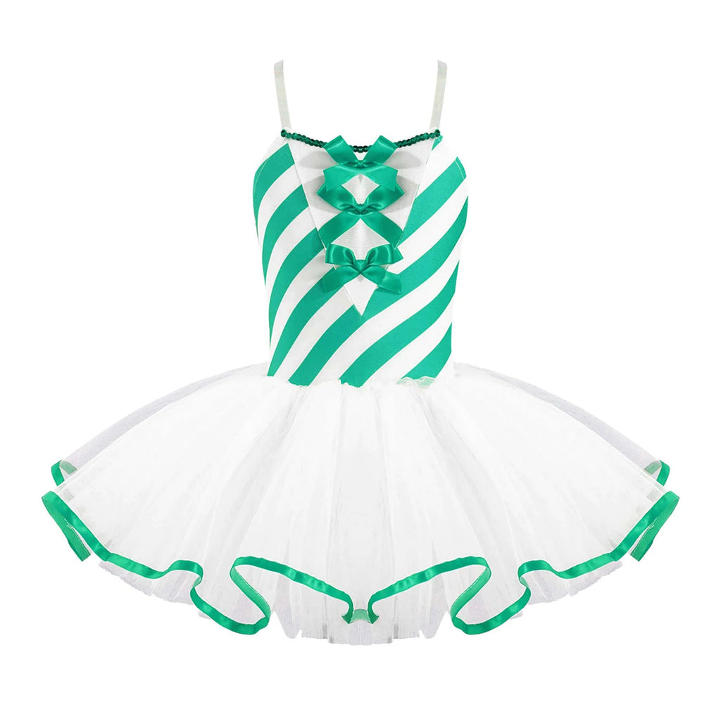 Kids Girls Sequins Christmas Dance Costume Candy Cane Striped Ballet Tutu Dance Dress Bowknot Leotard Party New Year Dancewear