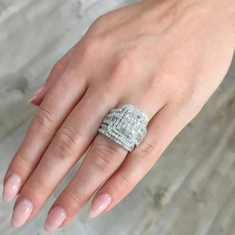 Jianjie 2pcs/set Light Luxury Couple's Full Paved Brilliant Square Zircon Shining Rings Wedding Dazzling Accessories Trend