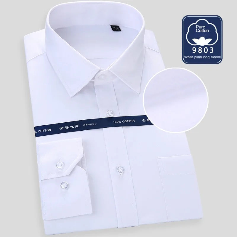 High Quality Free Ironing Men Dress Long Sleeve Shirt 100% Pure Cotton New Solid Male Regular Fit Business Shirt White Blue
