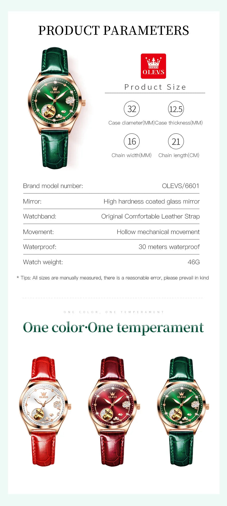 OLEVS 6601 Green Leather Strap Women Watch Automatic Mechanical Movement Waterproof Diamond Fashion Watch