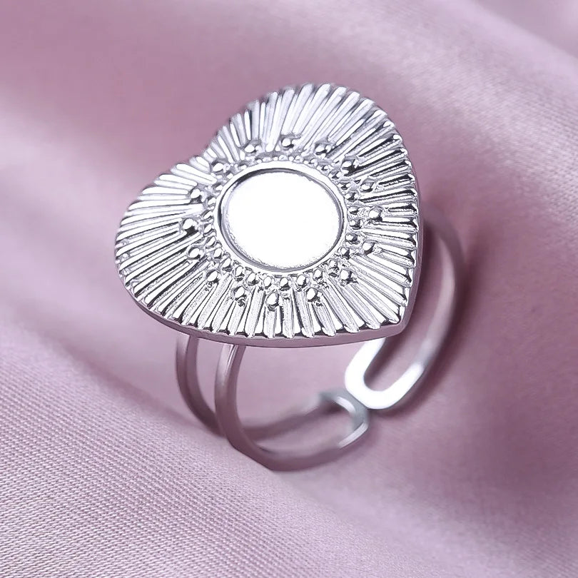 Simple Geometry Fashion Stainless Steel Open Rings For Women Men Accessories Silver Color Heart Sun Round Blank Base DIY Anillos