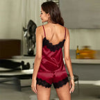 Fashionable Sexy Imitation Silk Lace Pajama Set Women Comfortable Sleeveless Suspender Pajama Shorts Nightwear