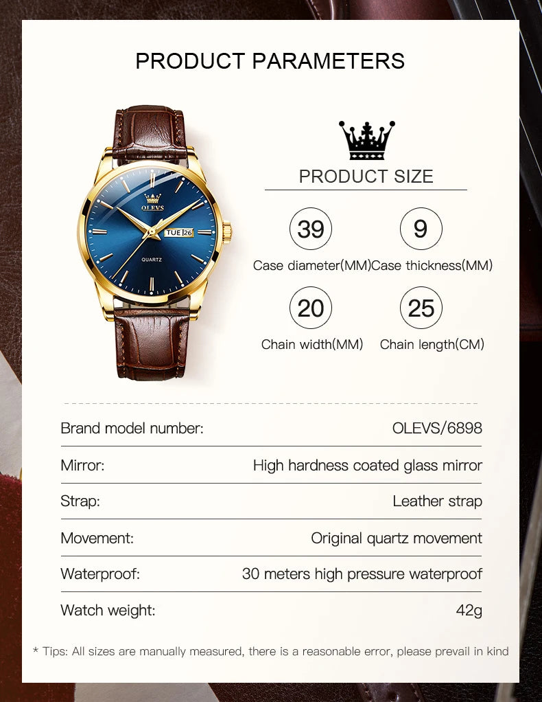OLVES 6898 Top Brand Men's Watches Original Simple Quartz Wristwatch for Man Waterproof Leather Strap Business Watch Casual