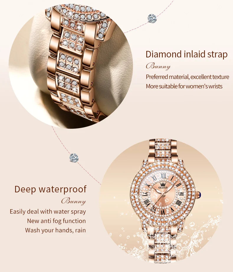 OLEVS 9943 Luxury All Diamond Original Quartz Watch for Women Elegant Rose Gold Stainless Steel Waterproof Ladies Wrist Watches