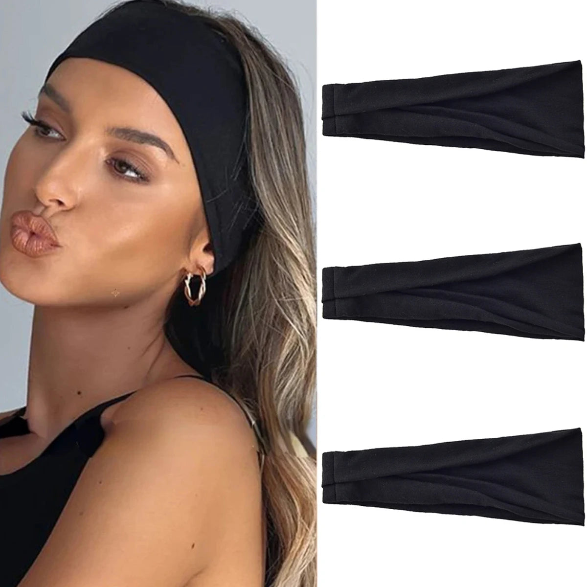 Thick Non Slip Yoga Headbands for Women, Wide Elastic Boho Hair Band, Sweat Wicking Sports Headband for Running Gym Workout