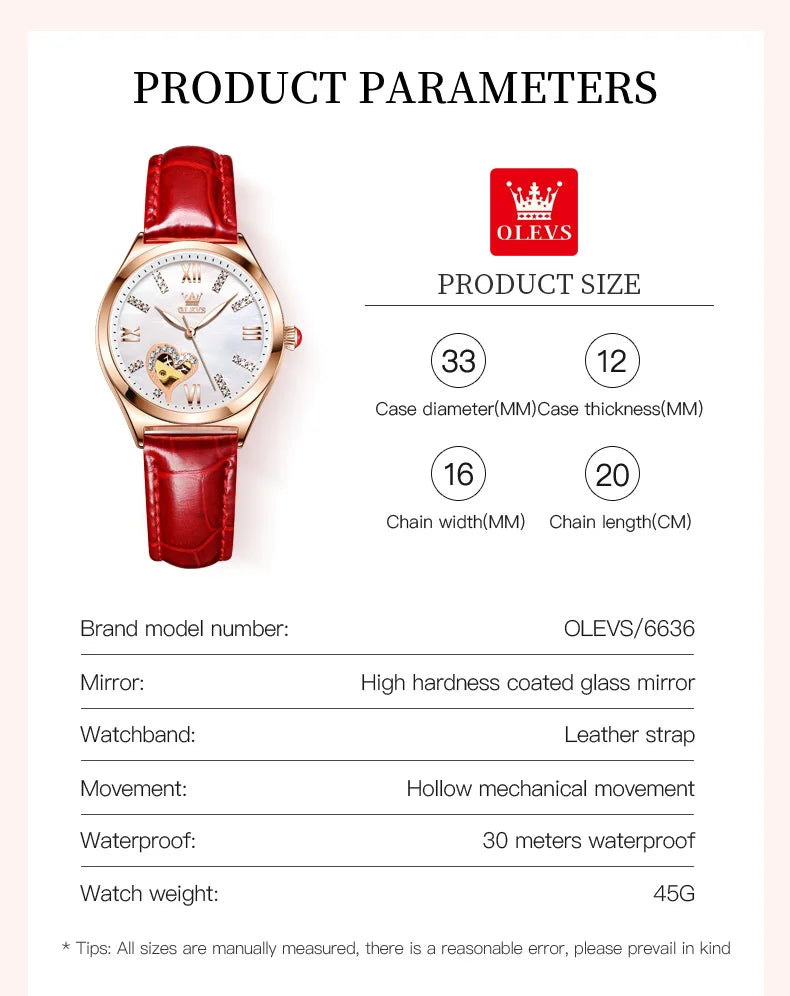 OLEVS Luxury Brand Skeleton Heart Dial Automatic Mechanical Women Watch Ladies Watches Ladies Waterproof Wristwatch Female