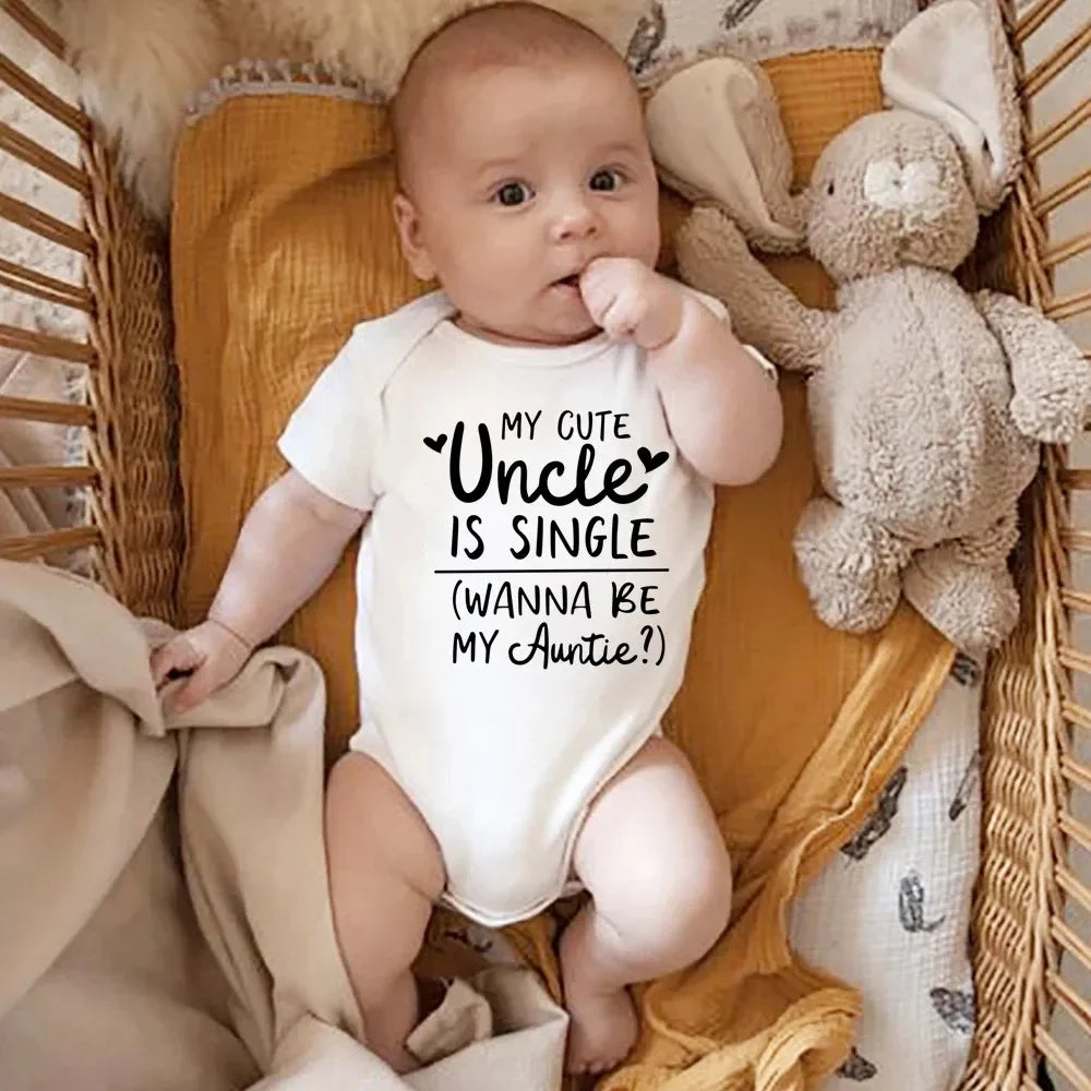 My Uncle Is Single Wanna Be My Auntie Print Baby Bodysuit Short Sleeve White Cotton Romper Clothes Summer Jumpsuit