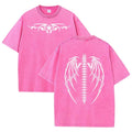 Gothic Tribal Wing Spine Print Vintage Washed Gray Y2K Casual Graphic T Shirt